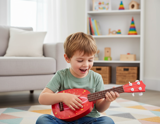 Bērnu ukulele – krāsaina rotaļlieta ar dažādiem dizainiem, kas palīdz apgūt pirmās mūzikas prasmes.