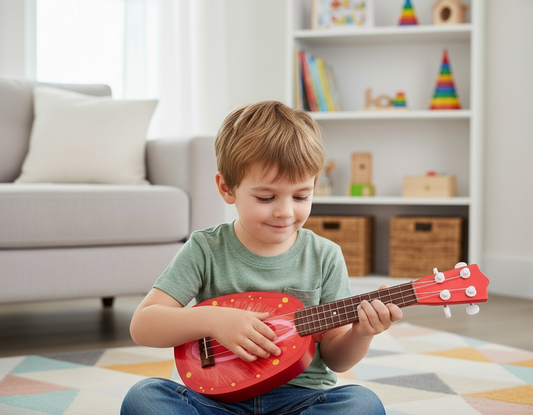 Bērnu ukulele – krāsaina rotaļlieta ar dažādiem dizainiem, kas palīdz apgūt pirmās mūzikas prasmes.