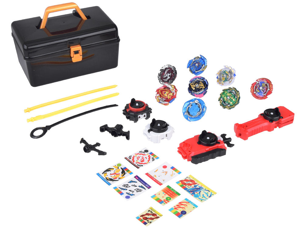 Beyblade tipa komplekts bērniem ar 8 ripām, 4 palaidējiem un čemodānu – aizraujošas sacensību rotaļas