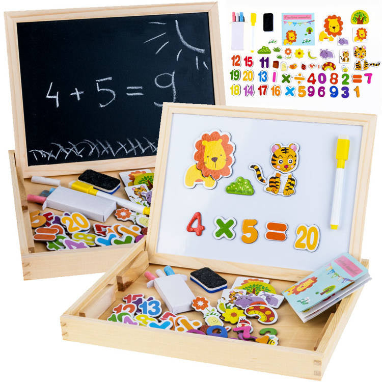 Divpusējā koka tāfelīte ar magnētiem un krītu – attīstoša rotaļlieta bērniem mācībām un radošai spēlei.