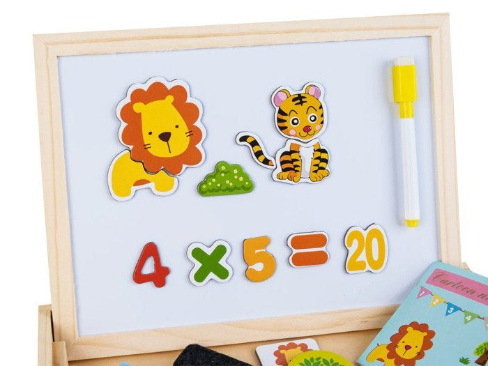 Divpusējā koka tāfelīte ar magnētiem un krītu – attīstoša rotaļlieta bērniem mācībām un radošai spēlei.