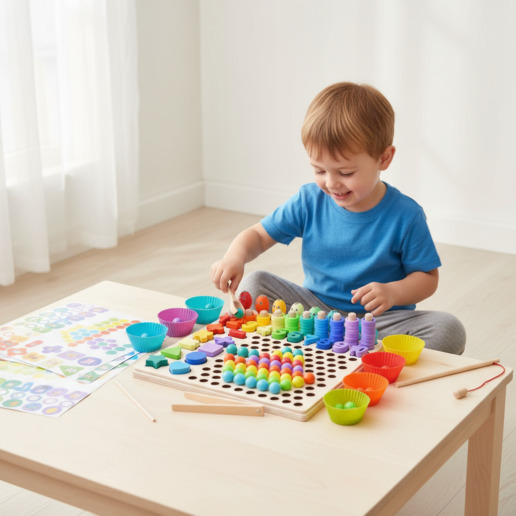 Koka matemātikas komplekts bērniem ar krāsainām bumbiņām, cipariem un mācību kartītēm skaitīšanai un formu apguvei.