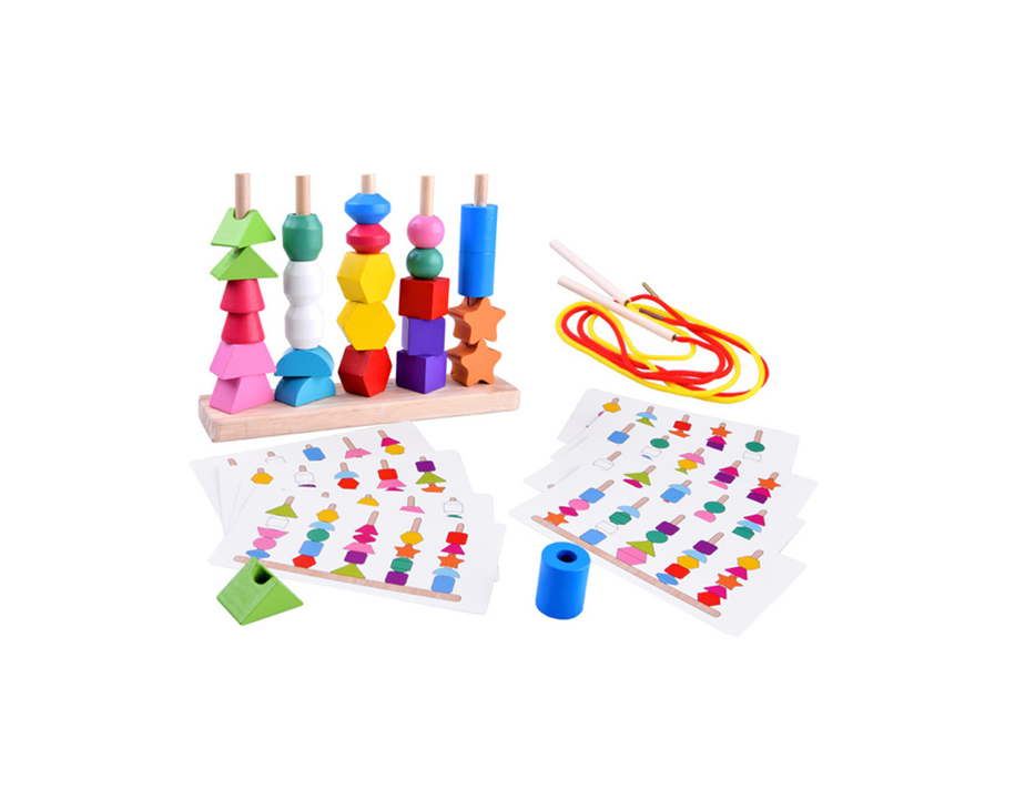 Koka mācību puzle bērniem ar krāsainiem klucīšiem un auklām, rotaļlieta formu un krāsu apguvei