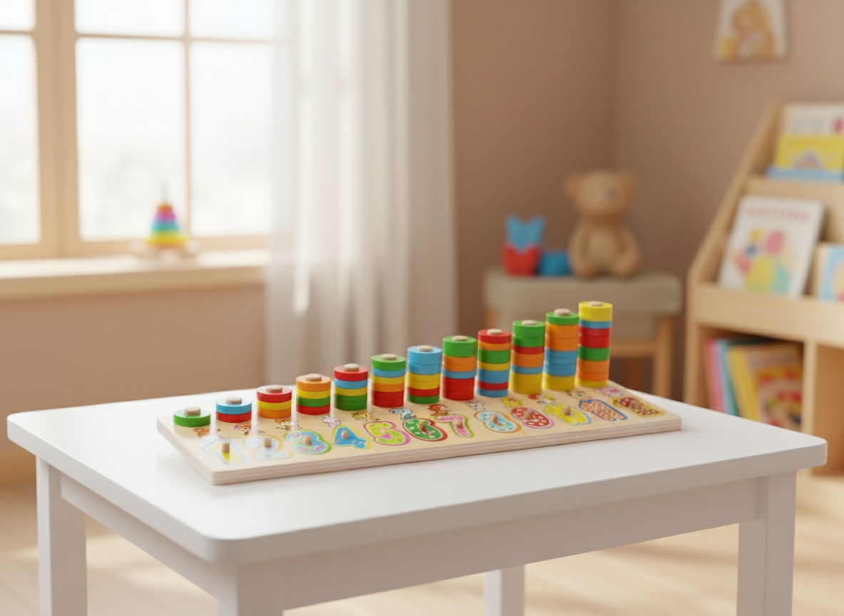 Koka puzle ar cipariem un dzīvniekiem – izglītojoša rotaļlieta bērniem, kas māca krāsas un skaitļus.