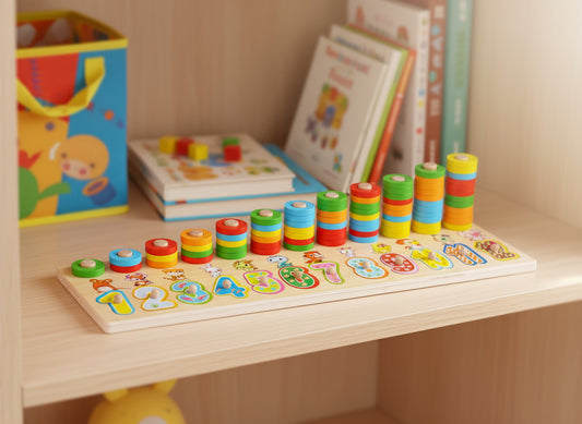 Koka puzle ar cipariem un dzīvniekiem – izglītojoša rotaļlieta bērniem, kas māca krāsas un skaitļus.