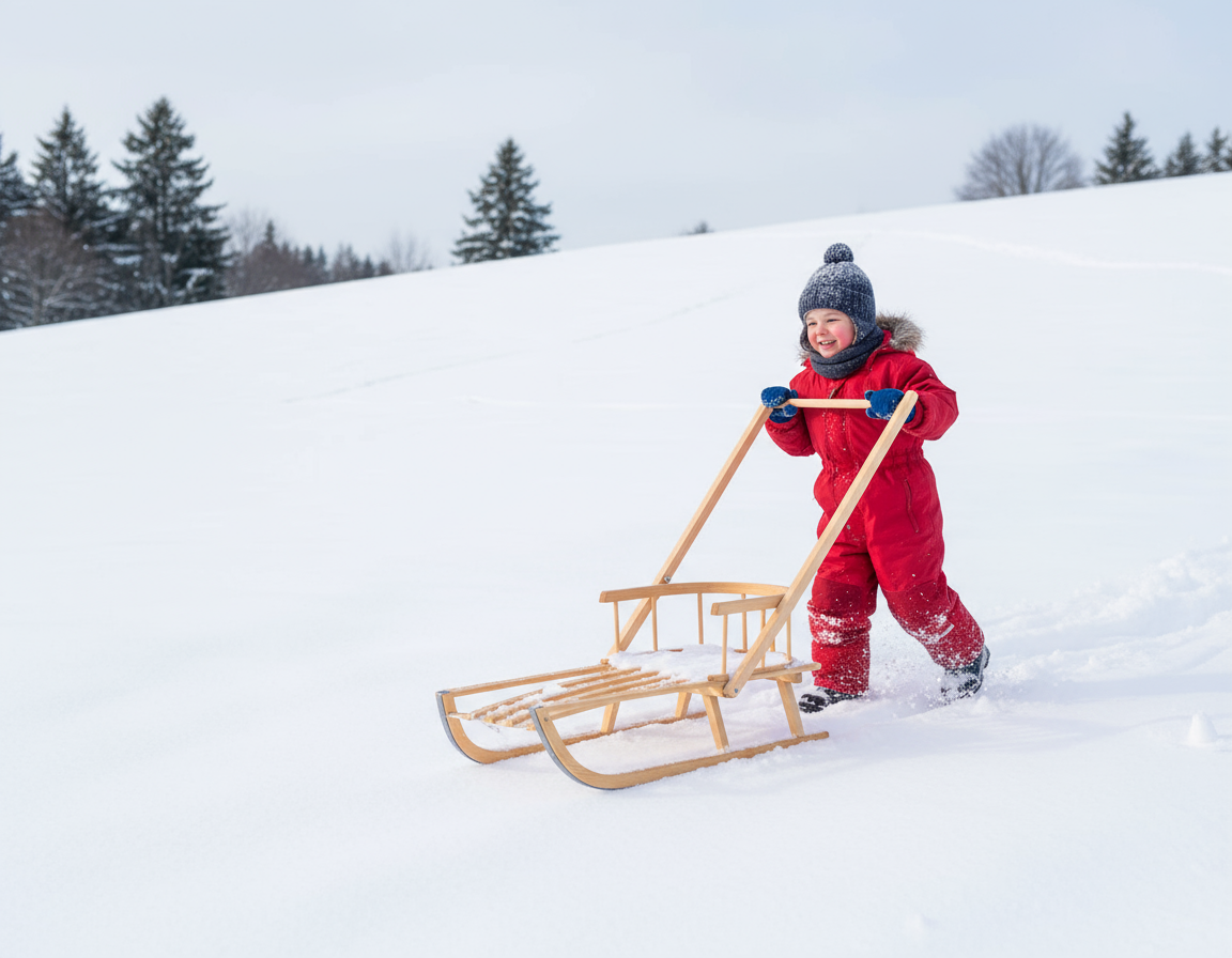 Koka ragavas bērniem ar metāla sliecēm un stumjamo rokturi – drošas un ērtas ziemas pastaigām