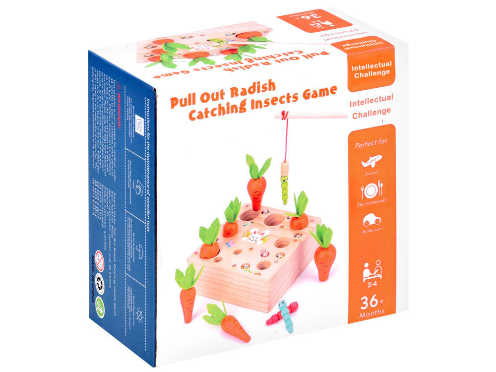 Koka rotaļlieta bērniem – burkāni un tārpi, attīstoša spēle roku koordinācijai un motorikai