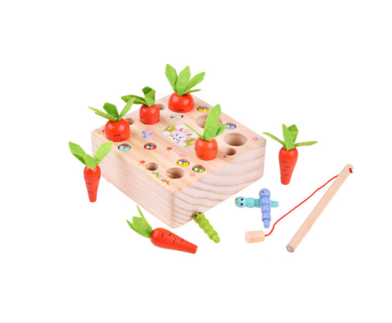 Koka rotaļlieta bērniem – burkāni un tārpi, attīstoša spēle roku koordinācijai un motorikai