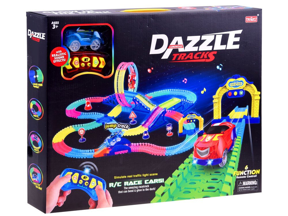 Koša auto trase ar gaismām un skaņu – aizraujoša rotaļlieta bērniem ar tālvadības pulti un sacīkšu auto.