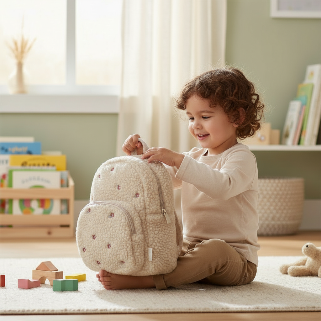 Little Dutch bērnu mugursoma meitenēm – smilšu krāsā ar maigiem ziediņiem, ideāla soma bērnudārzam.