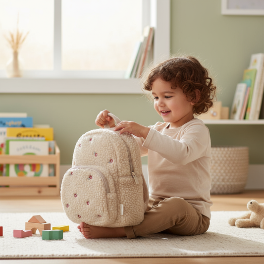 Little Dutch bērnu mugursoma meitenēm – smilšu krāsā ar maigiem ziediņiem, ideāla soma bērnudārzam.