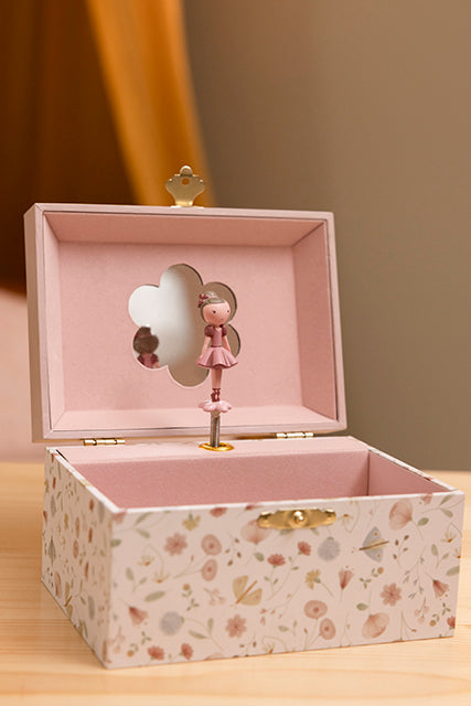 Little Dutch muzikālā rotaļlietu lādīte Ziedi un Tauriņi – rozā meiteņu rotu kārbiņa ar balerīnu