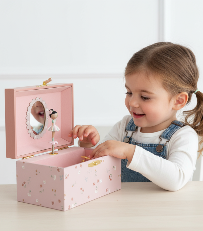 Little Dutch muzikālā rotaslietu kastīte – rozā bērnu koka mūzikas lādīte ar dejotāju