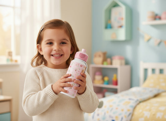 Little Dutch ūdens pudele bērniem – rozā “Pasaku dārzs” kolekcija ar ziedu un dzīvnieku dizainu