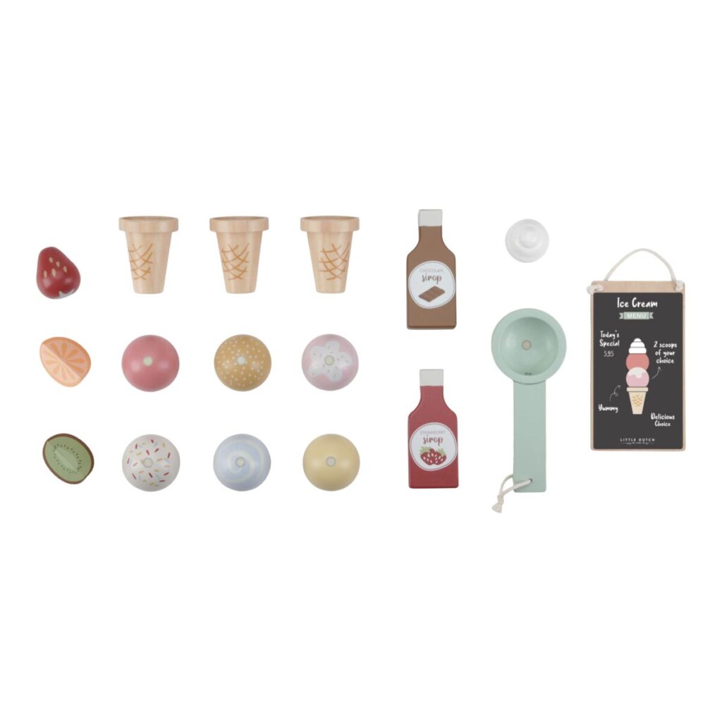 Little Dutch saldējuma veikals bērniem – koka rotaļlieta ar saldējumiem un stendu lomu spēlēm