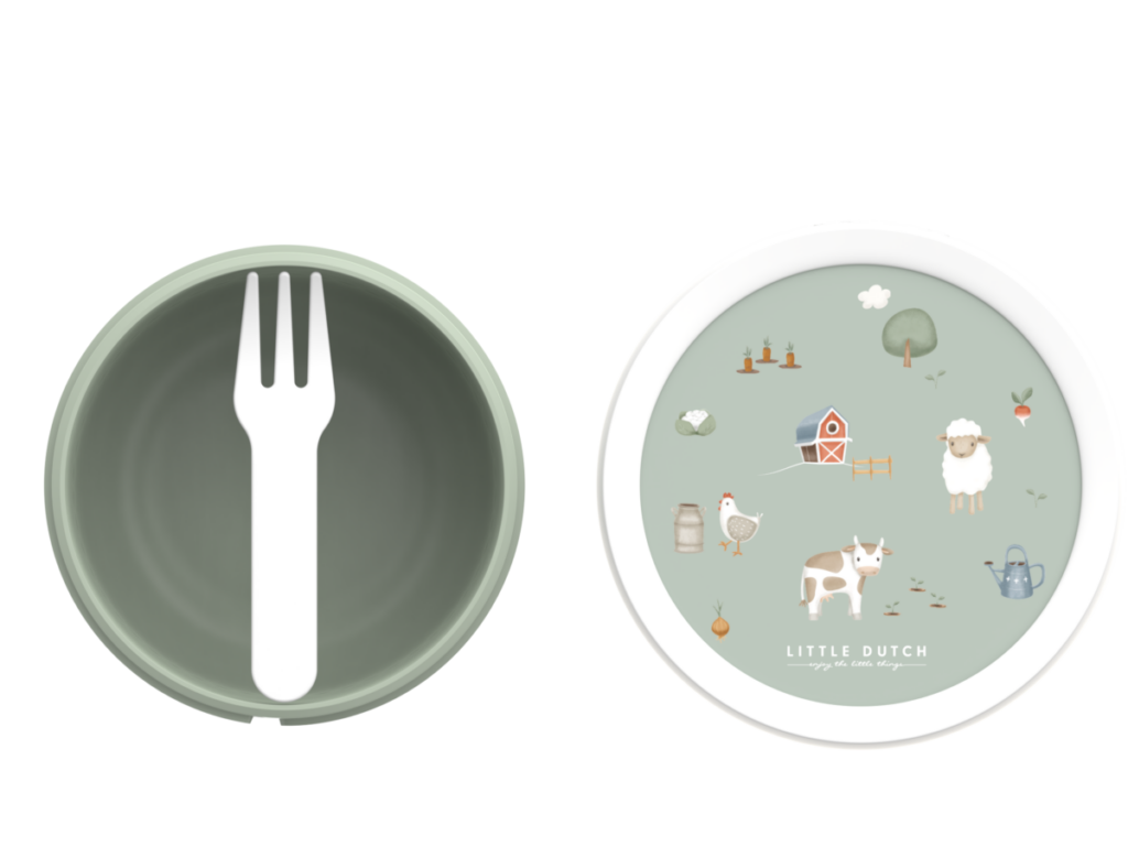 Little Dutch uzkodu trauciņš – Mazā ferma, bērnu trauks ar dakšiņu augļiem un uzkodām