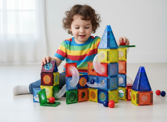 Magnētiskie bloki bērniem – bumbiņu trase ar 123 detaļām, radošs un izglītojošs būvēšanas komplekts