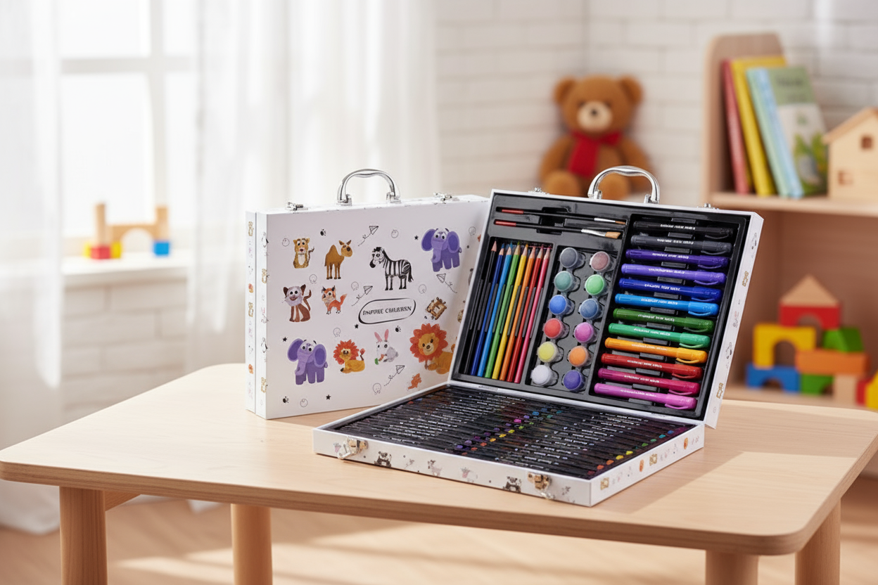 Mākslas komplekts koferītī bērniem ar krāsām un flomāsteriem.