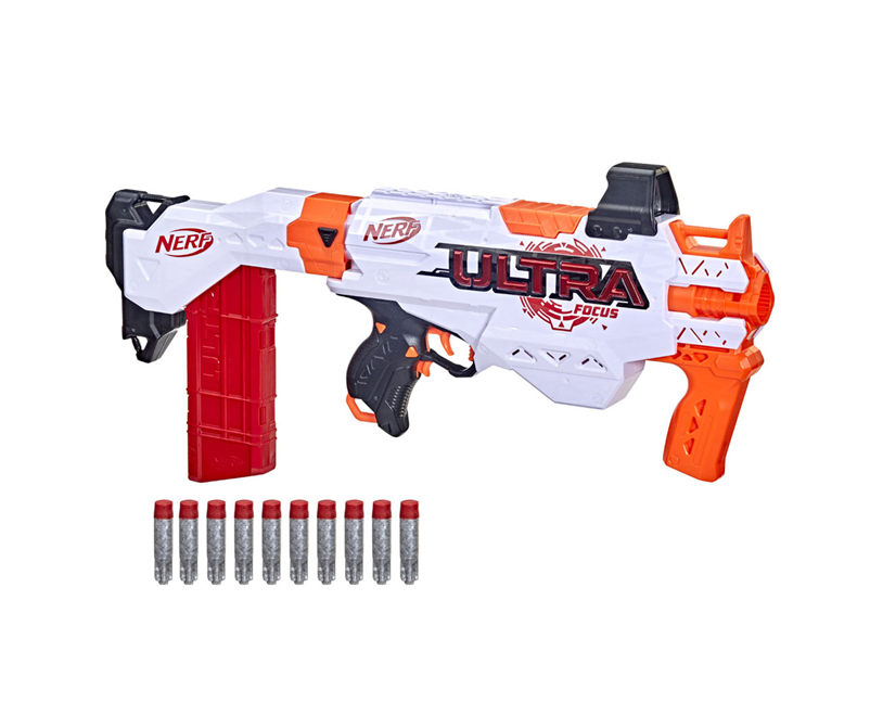 Nerf Ultra Focus pistole ar 10 šautriņām un plecu balstu – jaudīga rotaļlieta bērniem aktīvām spēlēm ārā