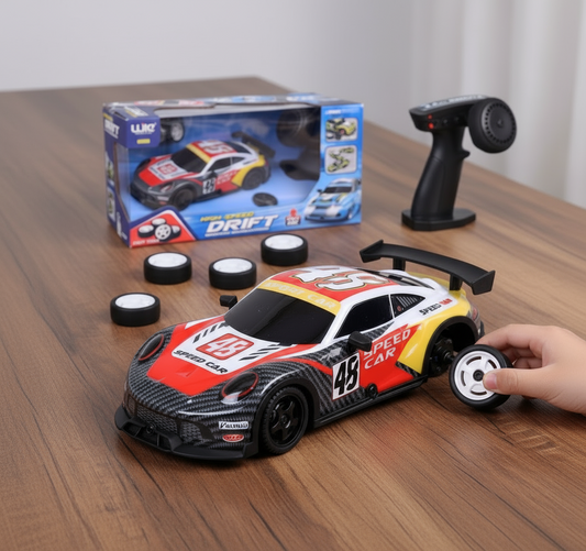 Radiovadāmā drifta mašīna ar LED gaismām un rezerves riepām, rotaļlieta bērniem auto sacīkstēm