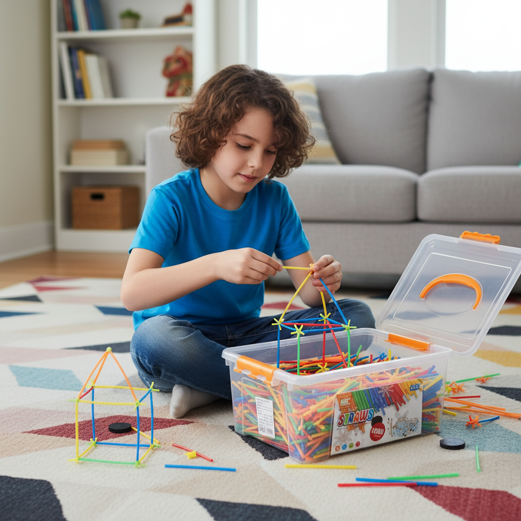 Bērns būvē krāsainu konstrukciju no salmiņu komplekta, attīstot radošumu un iztēli.
