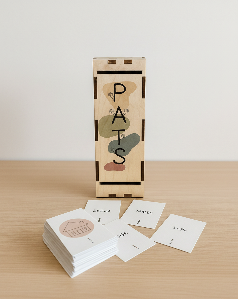 Bērns spēlē koka spēli PATS, mācoties lasīt ar kartītēm un attēliem, izgatavota Latvijā