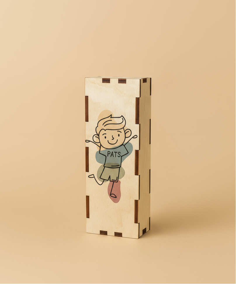 Bērns spēlē koka spēli PATS, mācoties lasīt ar kartītēm un attēliem, izgatavota Latvijā