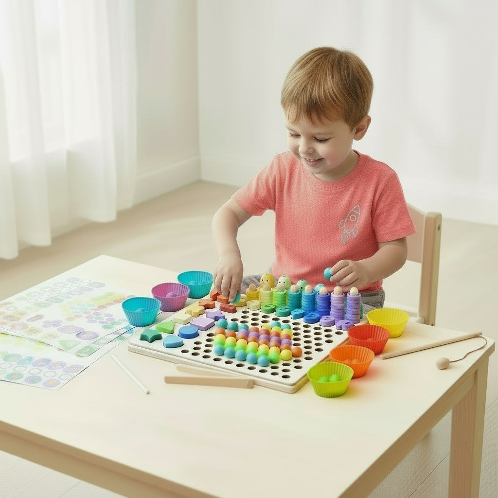 Bērns šķiro koka bumbiņas Montessori sensorajā rotaļlietā pie galda, attīstot smalko motoriku un koncentrēšanos.