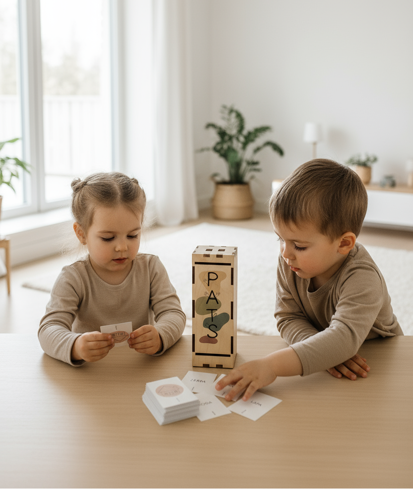 “Spēle Pats” koka izglītojošā spēle bērniem — lasītprasmes attīstīšana, valoda, vārdu mācīšanās, Latvijā ražota, dabīga Montessori rotaļlieta