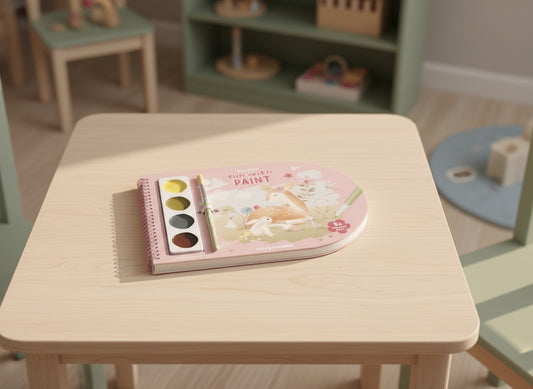 Bērnu krāsojamā grāmatiņa ar otu un akvareļkrāsām, piemērota radošai gleznošanai