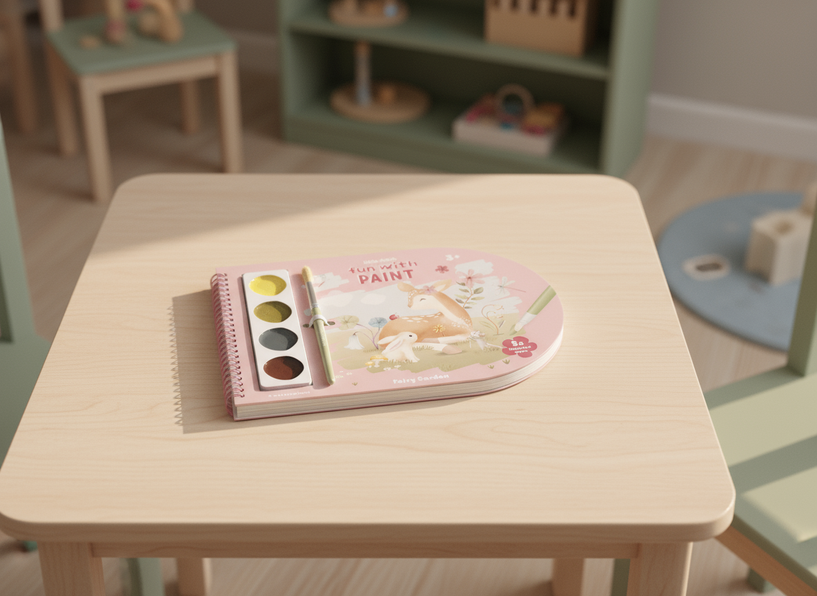 Bērnu krāsojamā grāmatiņa ar otu un akvareļkrāsām, piemērota radošai gleznošanai