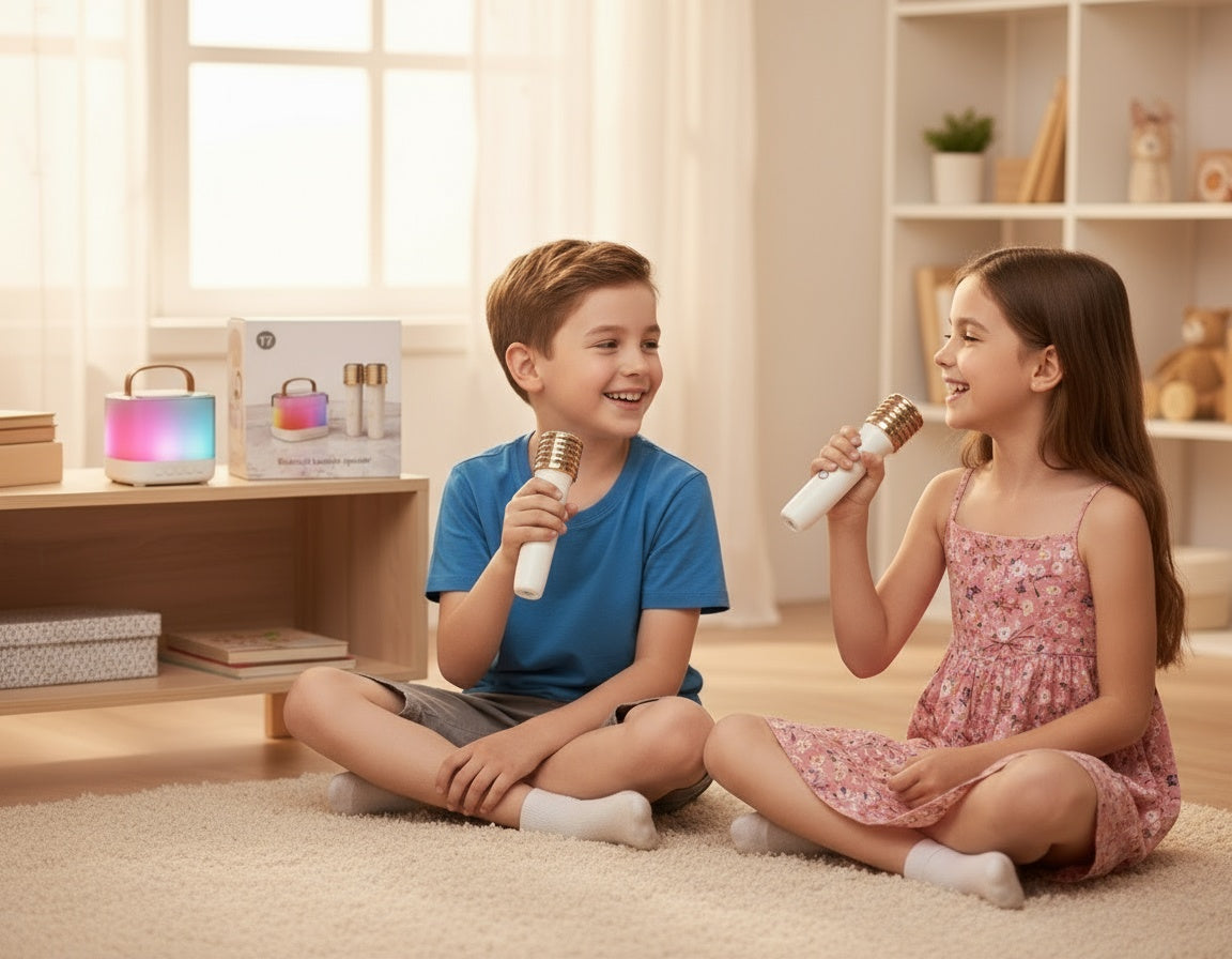 Bezvadu karaoke mikrofoni bērniem ar Bluetooth skaļruni – komplekts ar 2 mikrofoniem un gaismas efektiem