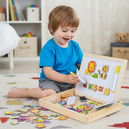 Divpusējā koka tāfelīte ar magnētiem un krītu – attīstoša rotaļlieta bērniem mācībām un radošai spēlei.