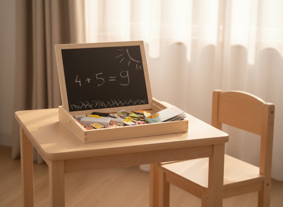 Divpusējā koka tāfelīte ar magnētiem un krītu – attīstoša rotaļlieta bērniem mācībām un radošai spēlei.