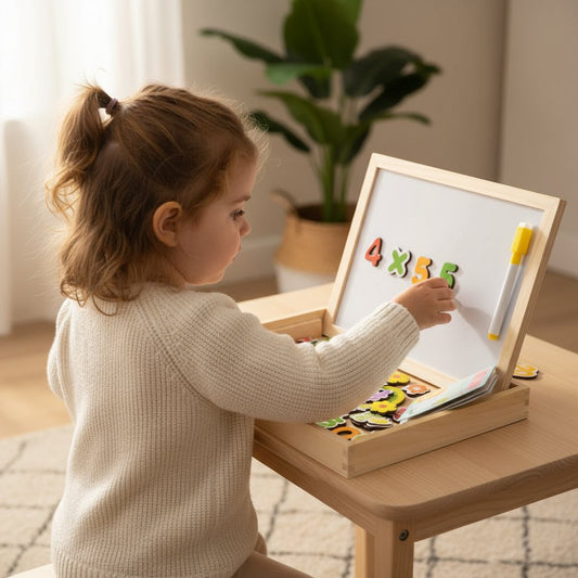 Divpusējā koka tāfelīte ar magnētiem un krītu – attīstoša rotaļlieta bērniem mācībām un radošai spēlei.