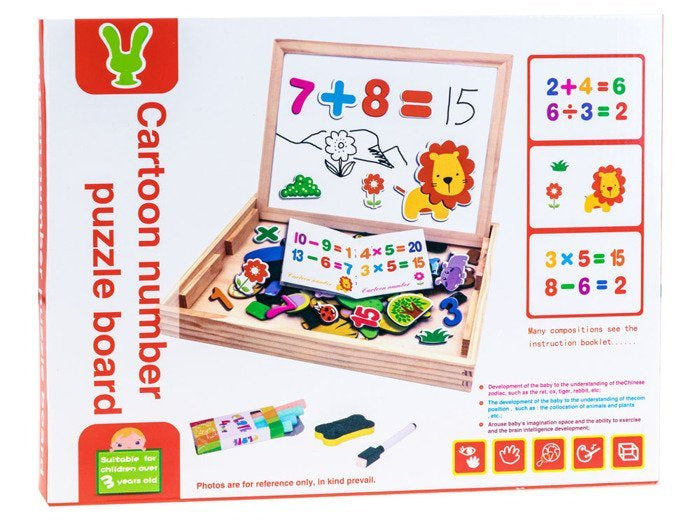 Divpusējā koka tāfelīte ar magnētiem un krītu – attīstoša rotaļlieta bērniem mācībām un radošai spēlei.