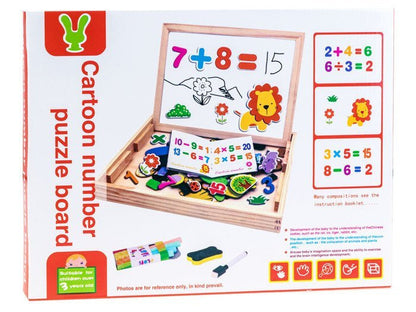 Divpusējā koka tāfelīte ar magnētiem un krītu – attīstoša rotaļlieta bērniem mācībām un radošai spēlei.