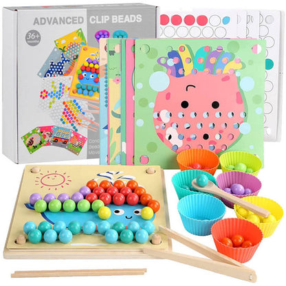 Koka izglītojošā puzle ar krāsainām bumbiņām – attīstoša rotaļlieta bērniem motorikas un krāsu mācībām.