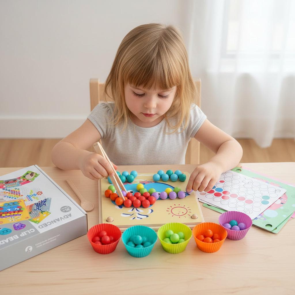 Koka izglītojošā puzle ar krāsainām bumbiņām – attīstoša rotaļlieta bērniem motorikas un krāsu mācībām.