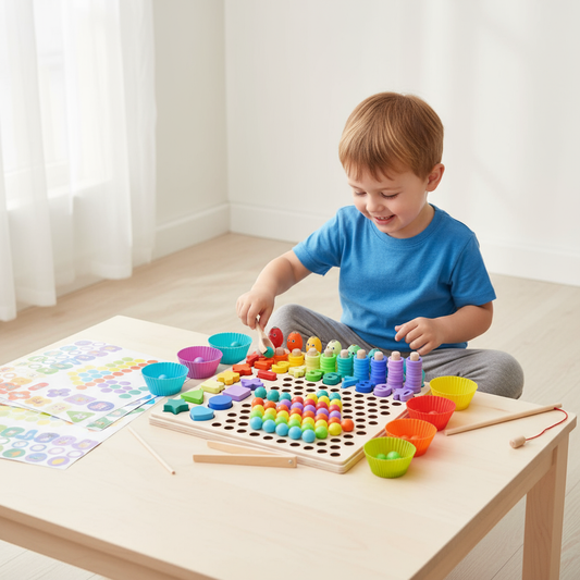 Koka matemātikas komplekts bērniem ar krāsainām bumbiņām, cipariem un mācību kartītēm skaitīšanai un formu apguvei.