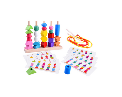 Koka mācību puzle bērniem ar krāsainiem klucīšiem un auklām, rotaļlieta formu un krāsu apguvei