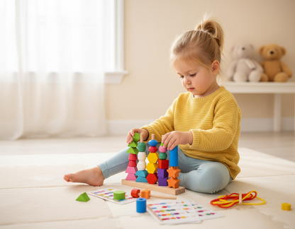 Koka mācību puzle bērniem ar krāsainiem klucīšiem un auklām, rotaļlieta formu un krāsu apguvei