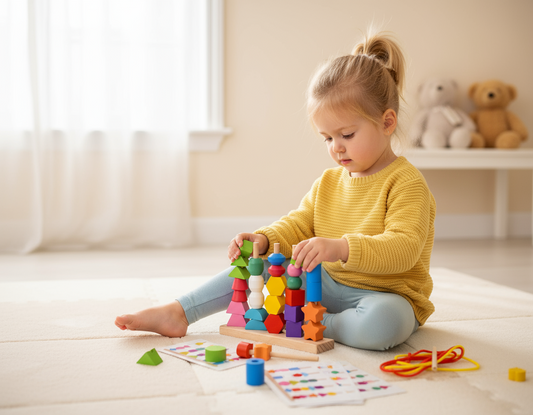 Koka mācību puzle bērniem ar krāsainiem klucīšiem un auklām, rotaļlieta formu un krāsu apguvei