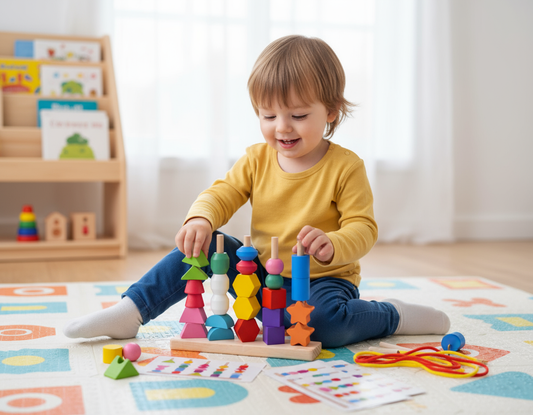 Koka mācību puzle bērniem ar krāsainiem klucīšiem un auklām, rotaļlieta formu un krāsu apguvei