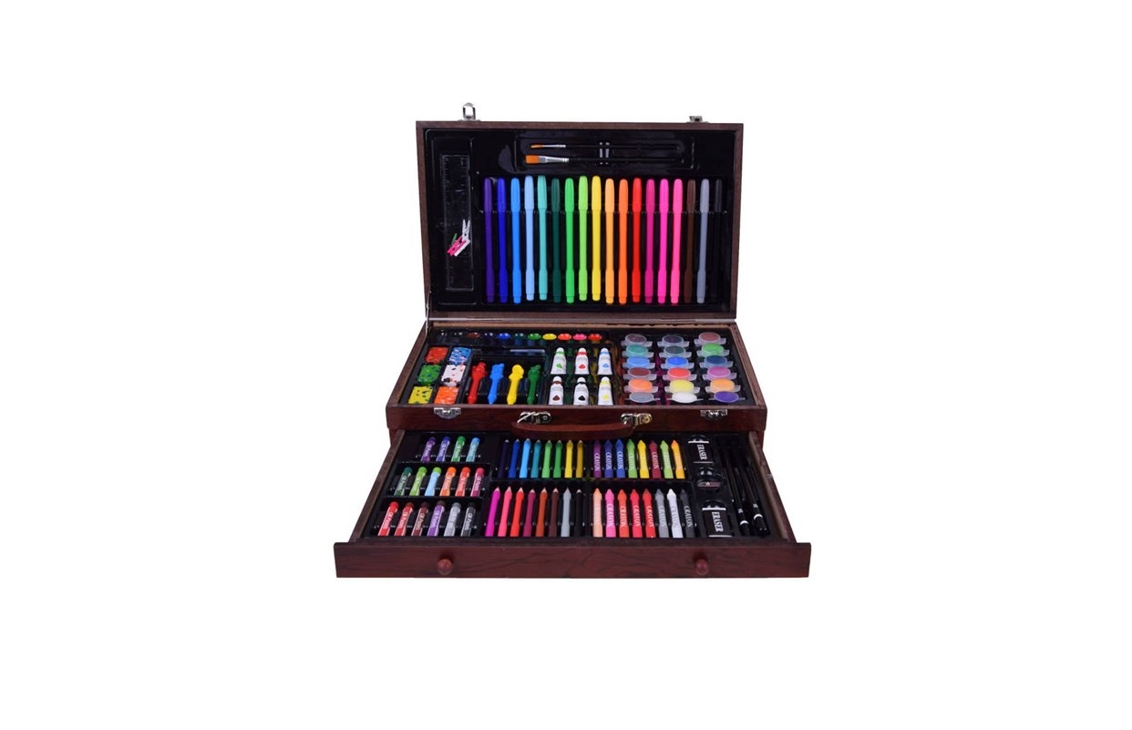 Koka mākslas komplekts koferītī bērniem ar flomāsteriem, krītiņiem, otām un krāsām radošām nodarbēm.