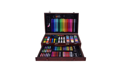 Koka mākslas komplekts koferītī bērniem ar flomāsteriem, krītiņiem, otām un krāsām radošām nodarbēm.