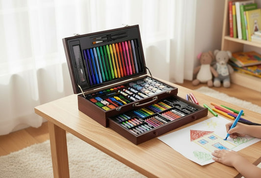 Koka mākslas komplekts koferītī bērniem ar flomāsteriem, krītiņiem, otām un krāsām radošām nodarbēm.