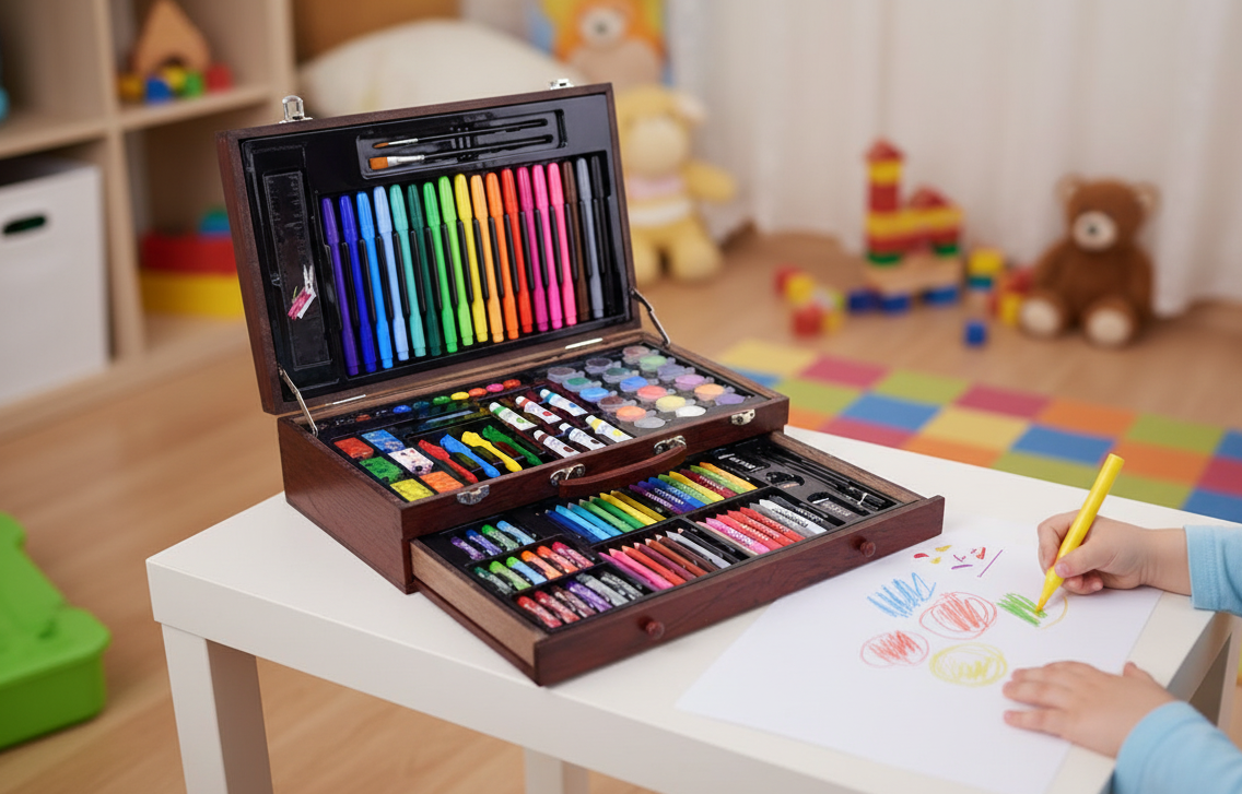 Koka mākslas komplekts koferītī bērniem ar flomāsteriem, krītiņiem, otām un krāsām radošām nodarbēm.