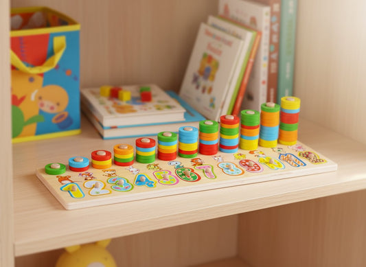 Koka puzle ar cipariem un dzīvniekiem – izglītojoša rotaļlieta bērniem, kas māca krāsas un skaitļus.