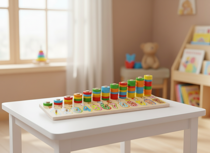 Koka puzle ar cipariem un dzīvniekiem – izglītojoša rotaļlieta bērniem, kas māca krāsas un skaitļus.